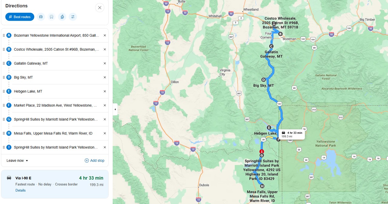 Day 1 full route from Bozeman Airport to Island Park and Mesa Falls